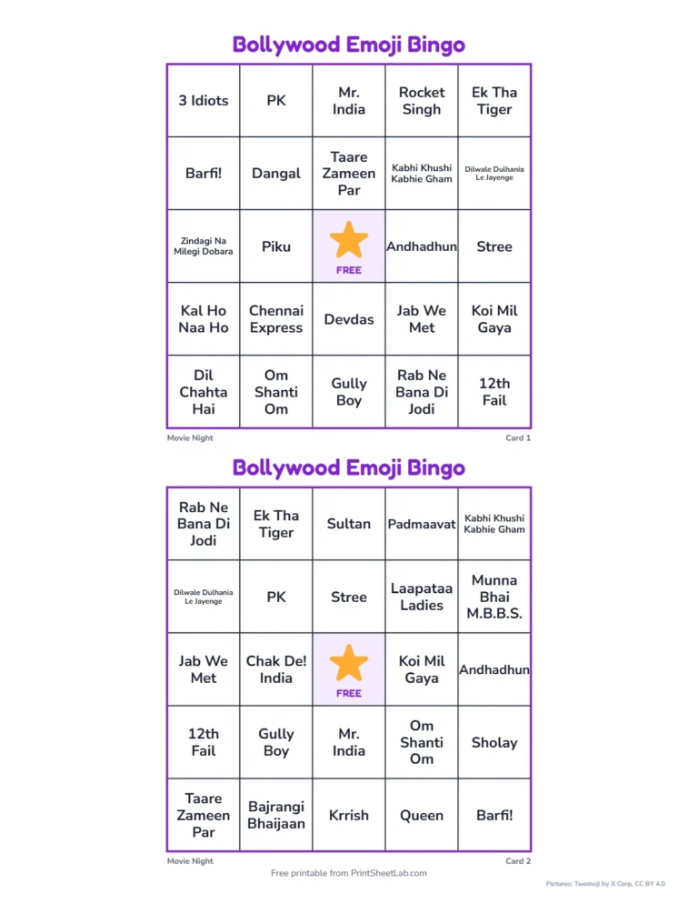 Bollywood emoji bingo: printable 5 by 5 cards with Bollywood film names