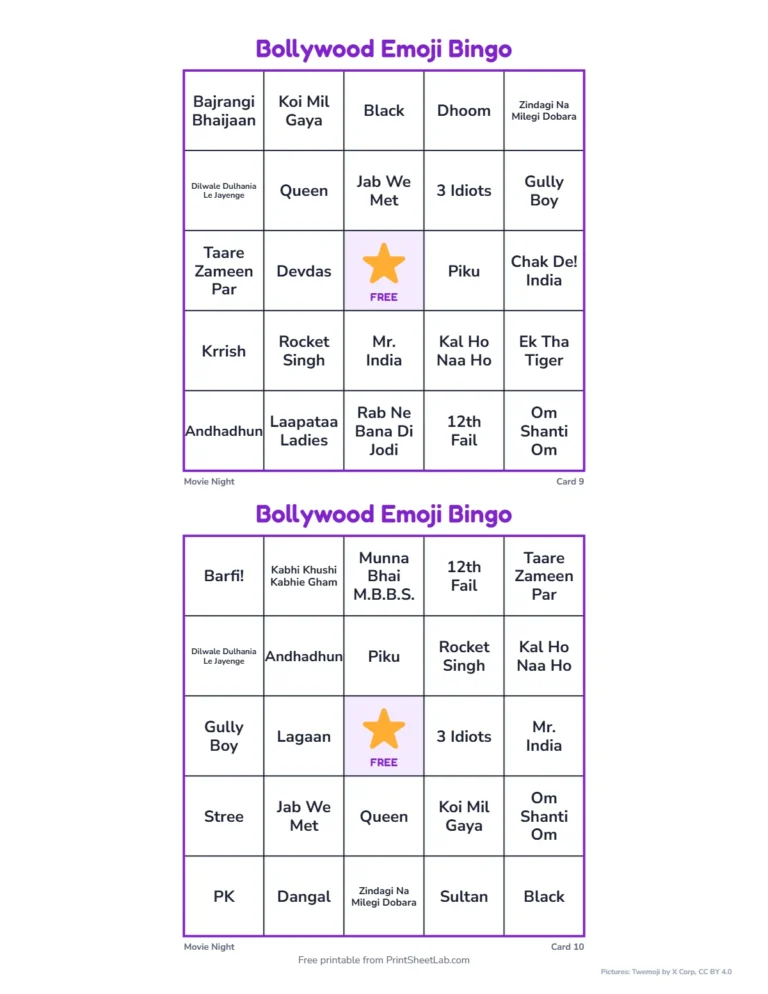 Bollywood movie emoji game: a second page of clue cards