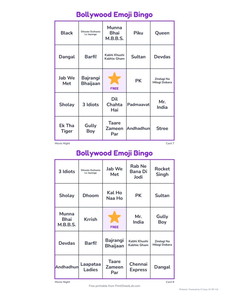 Emoji movie game: clue cards with emoji pictures for each film