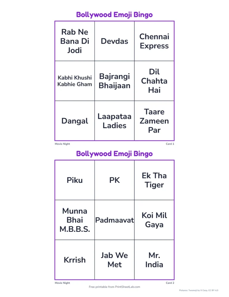 Bollywood emoji quiz: easy 3 by 3 bingo cards of film names for children