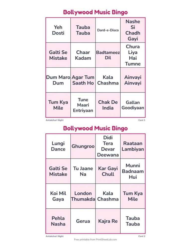 Bollywood song bingo cards in the quick 4 by 4 size