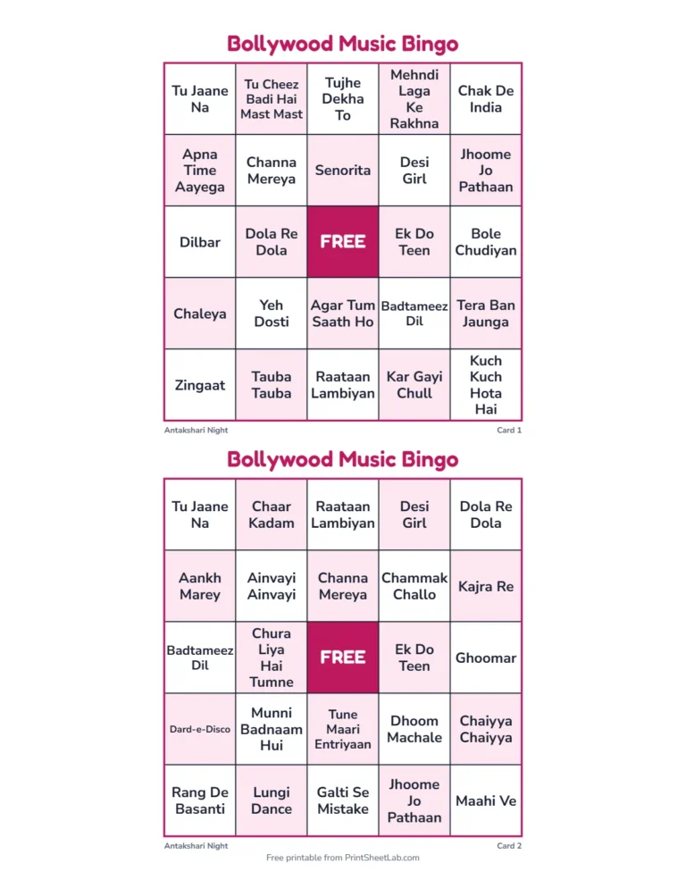 Bollywood music bingo: printable 5 by 5 cards with famous Hindi song titles