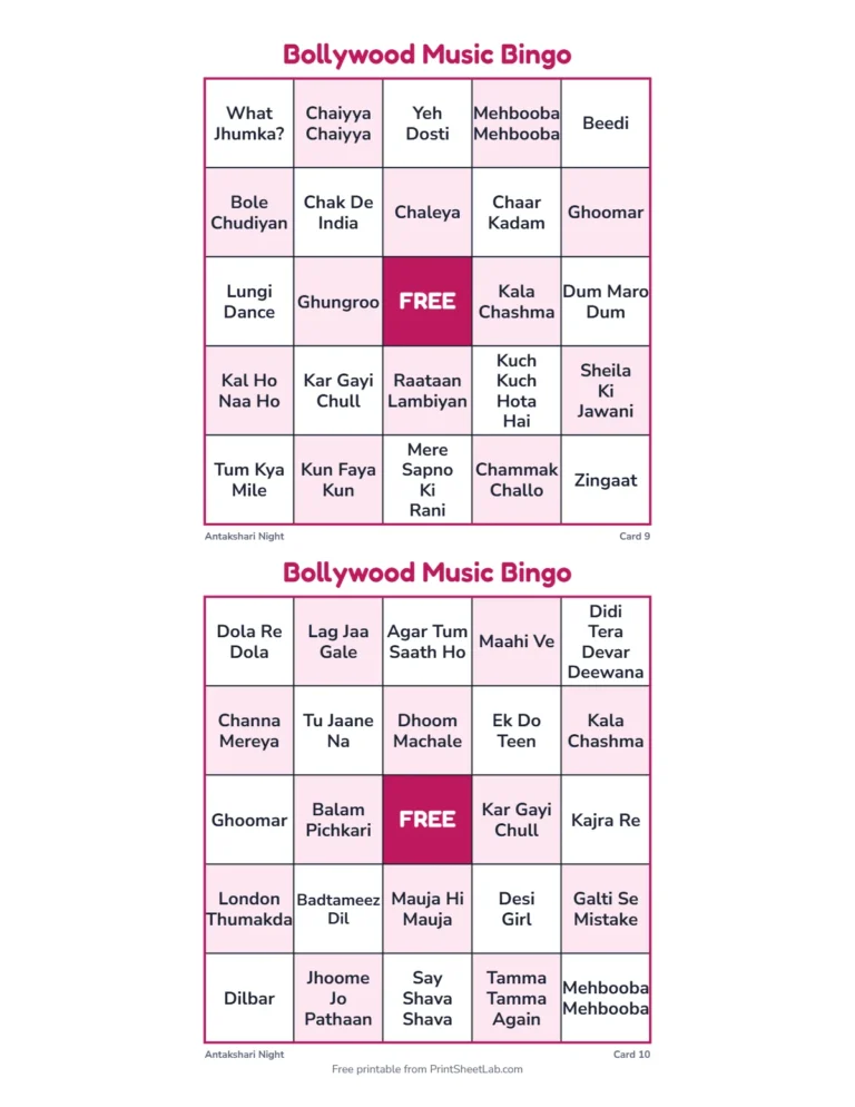 Bollywood music bingo caller list with all 70 songs in two columns