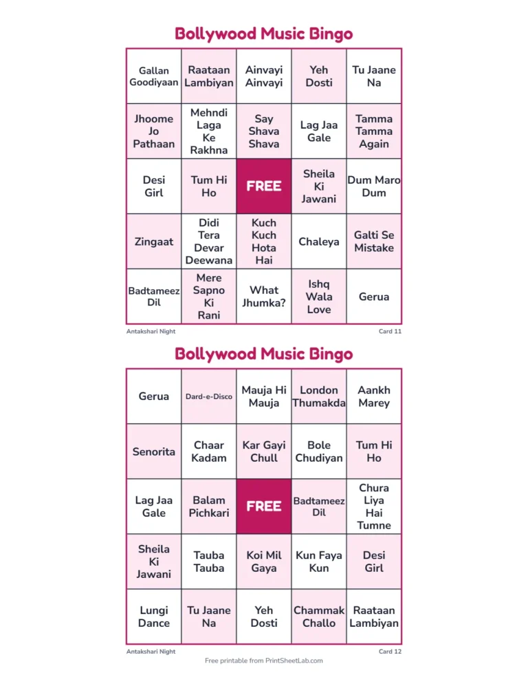 Bollywood music bingo rules page: play a clip, find the song and mark it