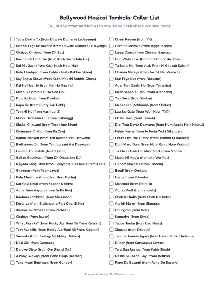 Musical housie caller list with 70 Bollywood songs to tick off
