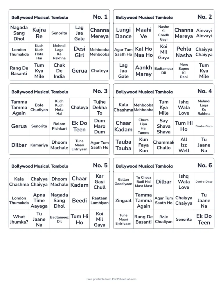 Bollywood musical tambola tickets in black and white for easy printing