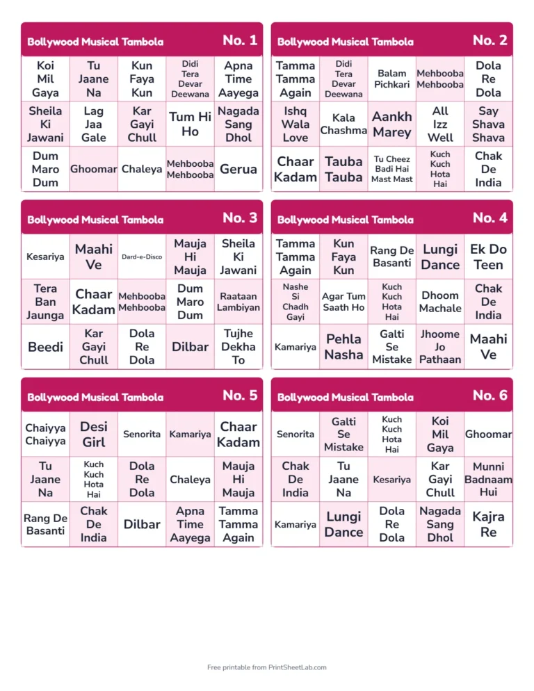 Musical tambola tickets: printable tickets with 15 Bollywood songs on each ticket