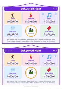 Bollywood Night Tambola picture tambola tickets with themed prize sections