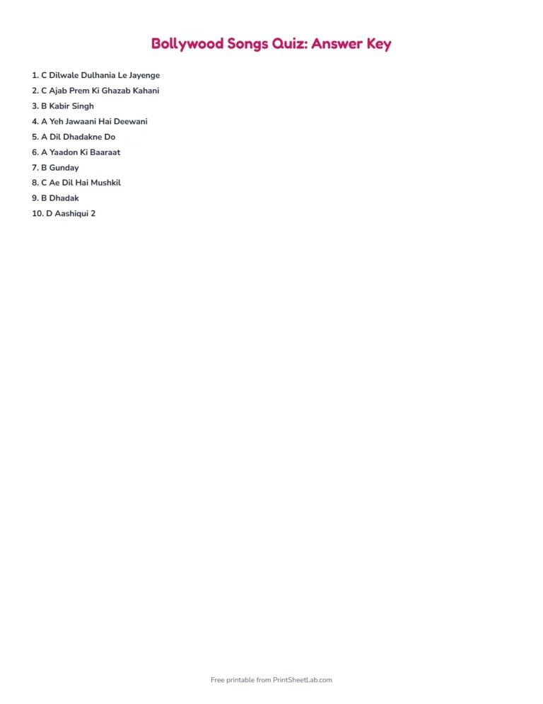 Bollywood songs quiz answer key with every answer