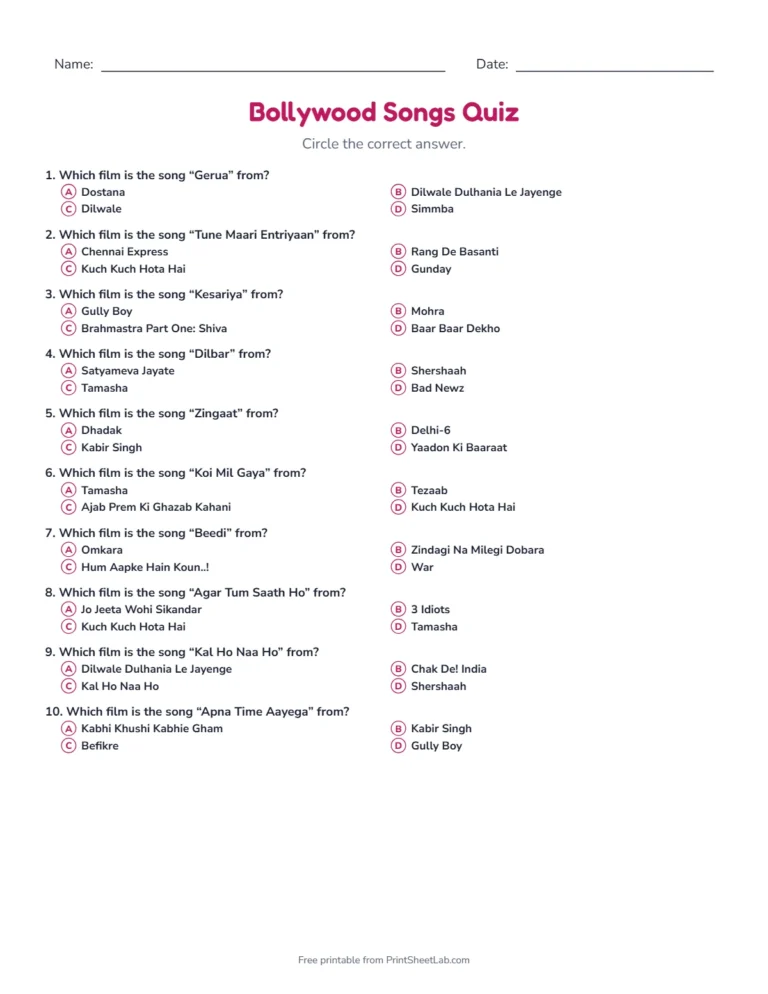 Bollywood songs quiz: printable multiple-choice quiz sheet with 10 questions