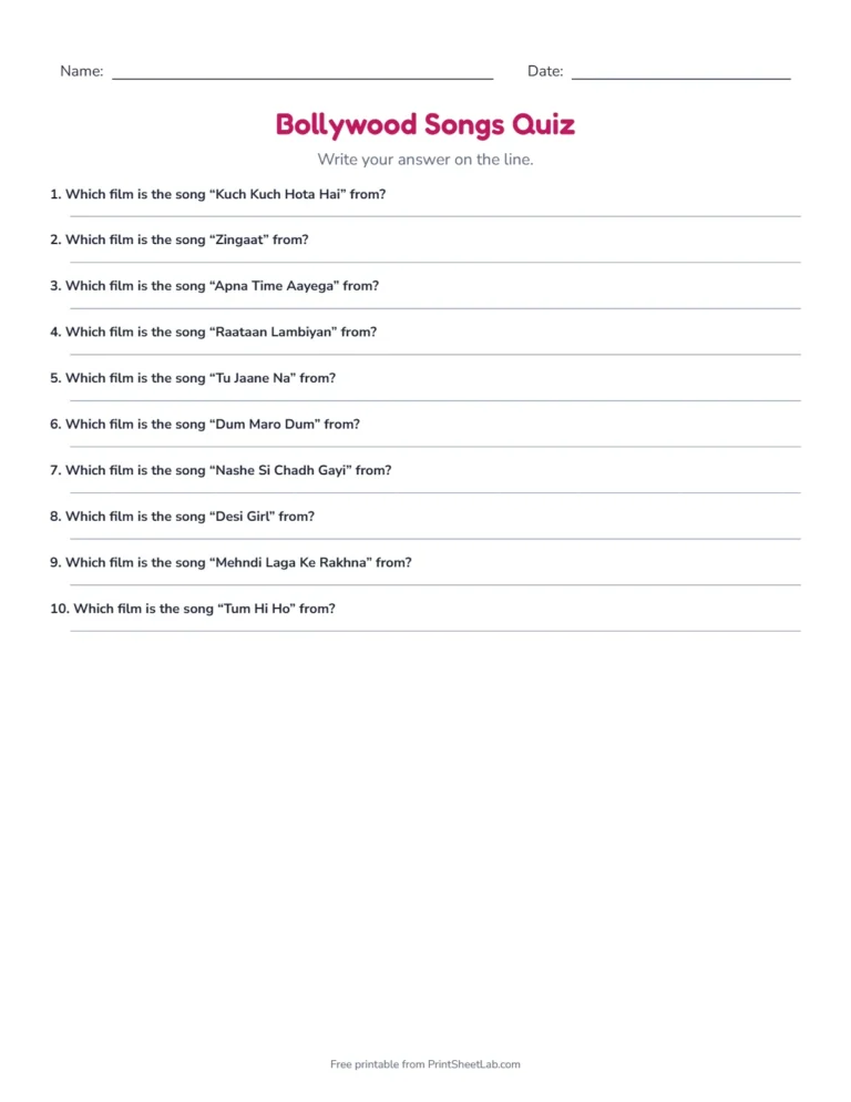 Bollywood songs quiz write-in quiz sheet with lines for the answers