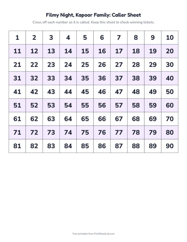 Bollywood tambola caller sheet: a 1 to 90 number grid to cross off as you call