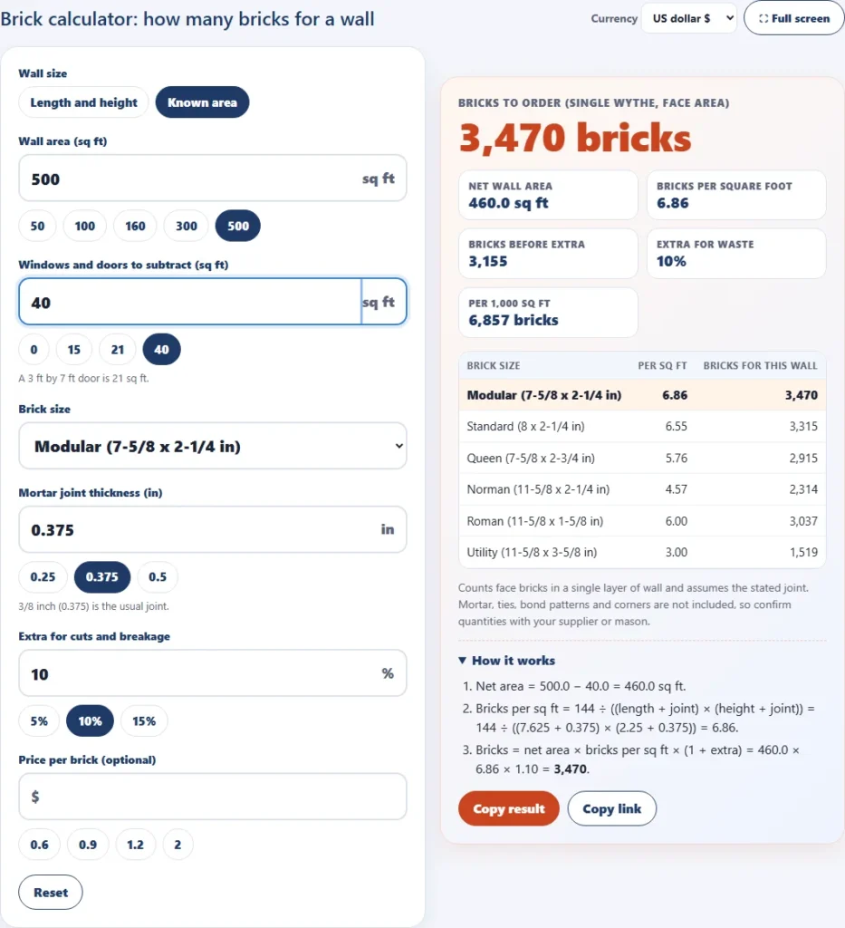 Brick calculator in known area mode for a 500 square foot wall with 40 square feet of openings, giving about 3,470 modular bricks with 10 percent extra
