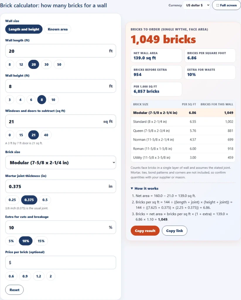 Brick calculator showing a 20 by 8 foot wall with a 21 square foot door, modular bricks at 6.86 per square foot and 1,049 bricks with 10 percent extra