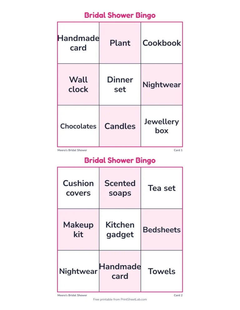 Gift bingo cards in the small 3 by 3 size for a short opening