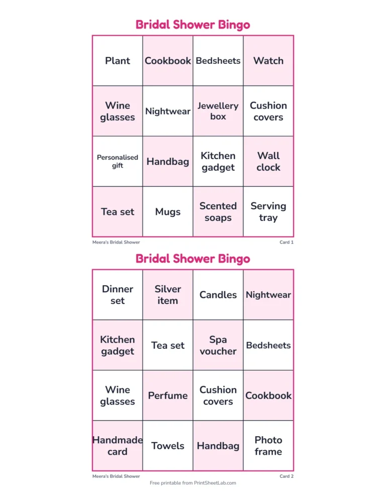 Bridal shower bingo cards in the quick 4 by 4 size