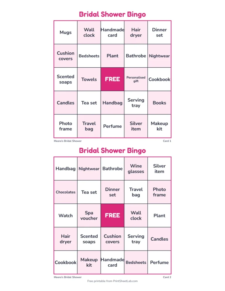 Bridal shower bingo: printable 5 by 5 gift bingo cards for the bride’s party