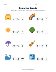Beginning sounds: Q to Z printable worksheet for kindergarten
