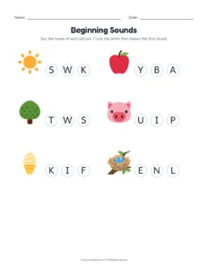 beginning sounds worksheets: S, A, T, P, I, N