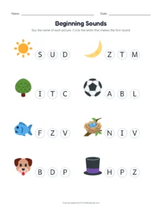 Beginning sounds: 13 common letters (Set B) printable worksheet for kindergarten