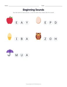 Beginning sounds: vowels A, E, I, O, U printable worksheet for kindergarten