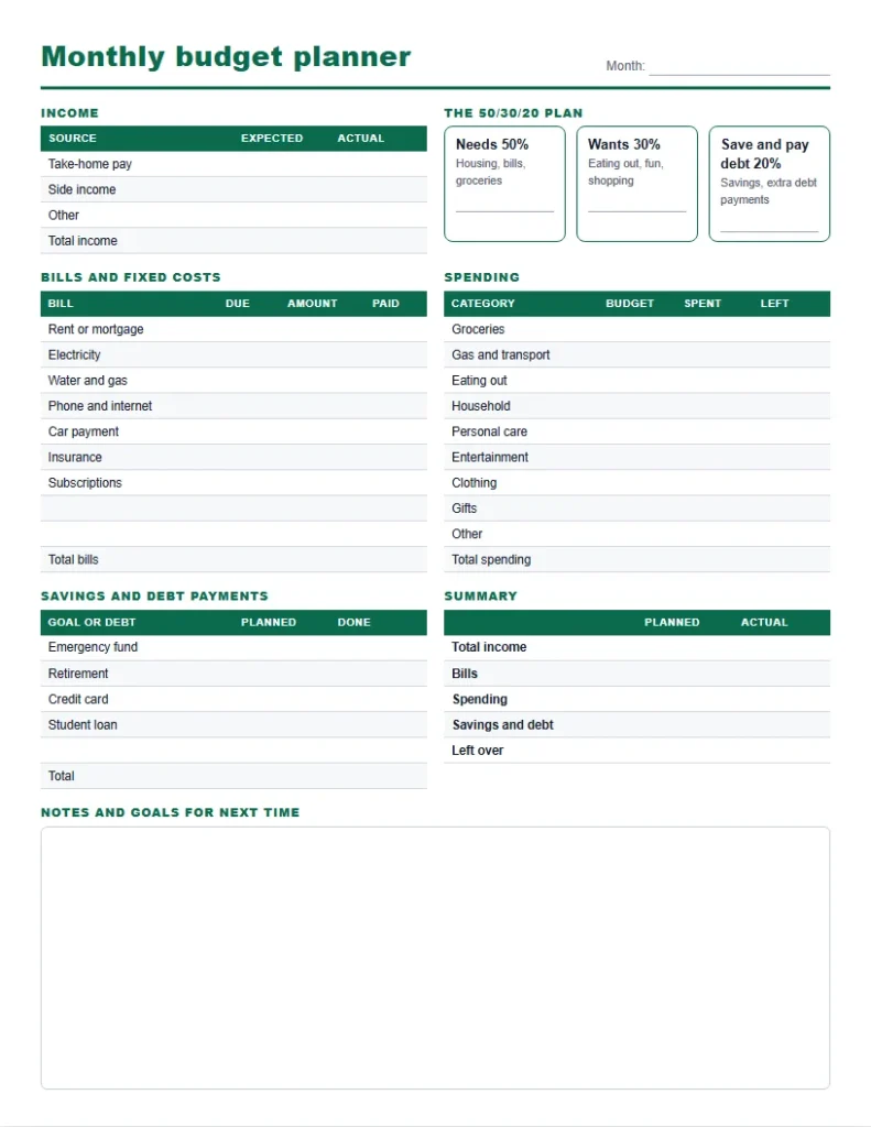 Blank budget planner printable with categories and empty amount columns to fill in by hand
