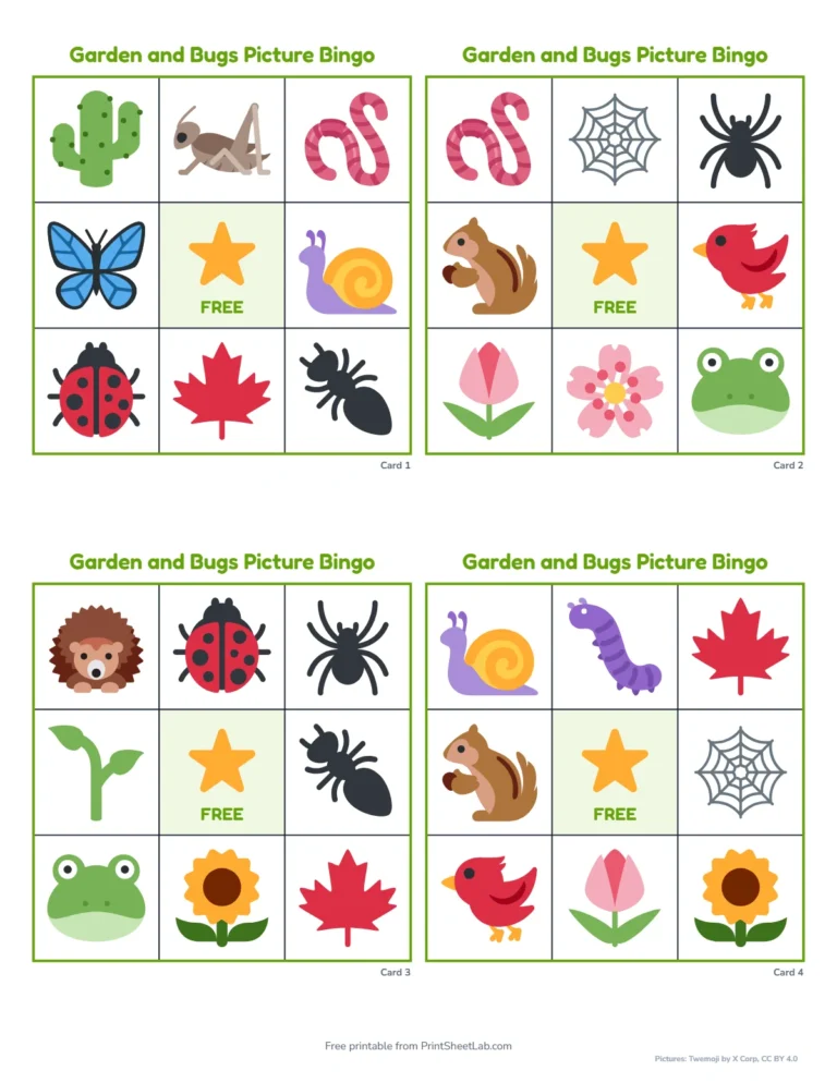 Bug bingo cards for preschool: 3 by 3 picture-only cards with a free star