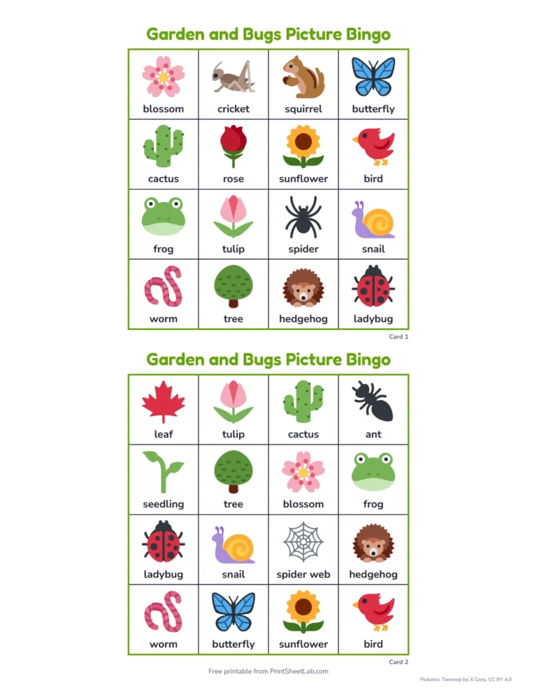 Bug bingo printable: 4 by 4 picture cards with a word under each picture