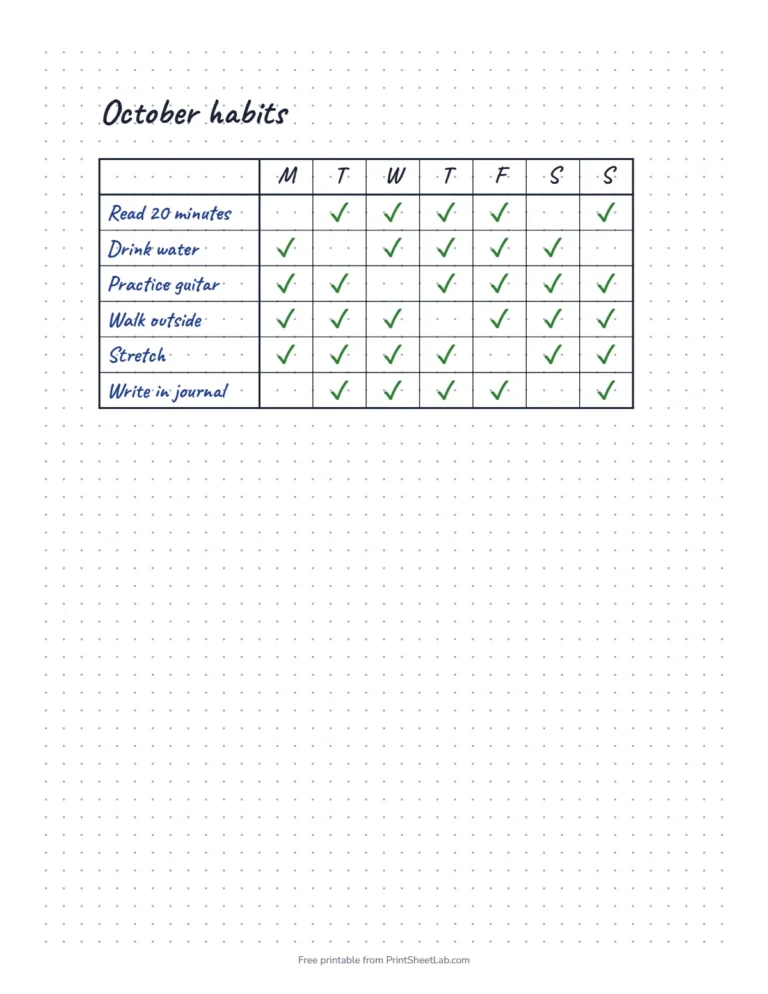 Bullet journal paper example with a habit tracker drawn on a 5 mm dot grid