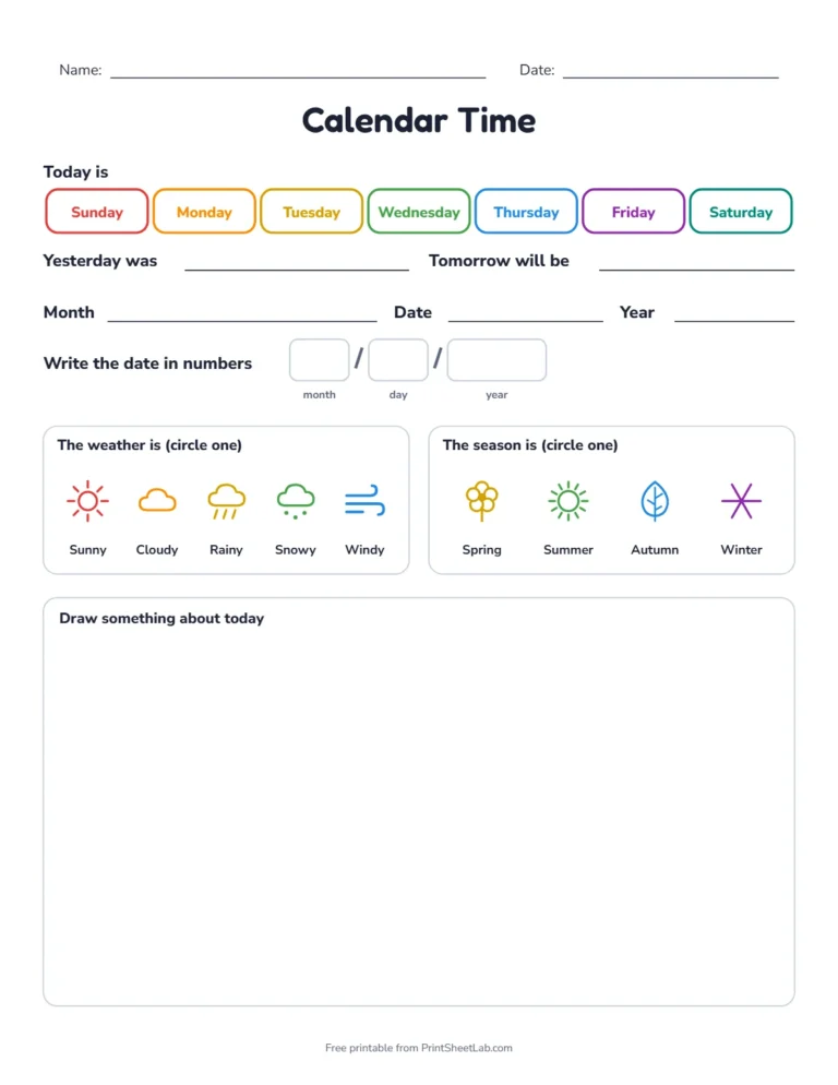 Calendar time worksheet to write in: what is today's date, day of the week, month, year, weather and season