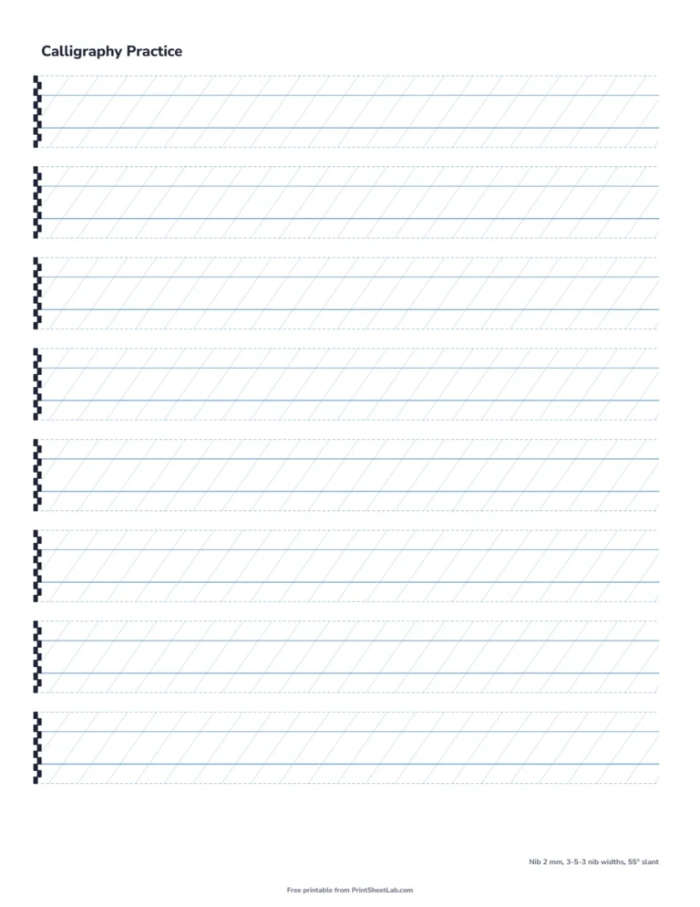 Calligraphy guide sheet for copperplate with a 2 mm nib and 55 degree slant lines