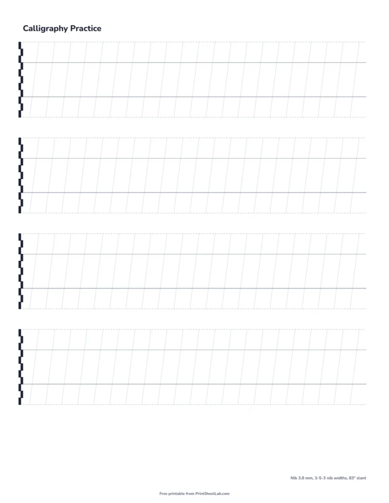 Calligraphy practice paper with italic guide lines for a 3.8 mm nib