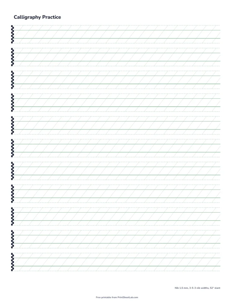 Calligraphy practice sheet for Spencerian with a 1.5 mm nib in green