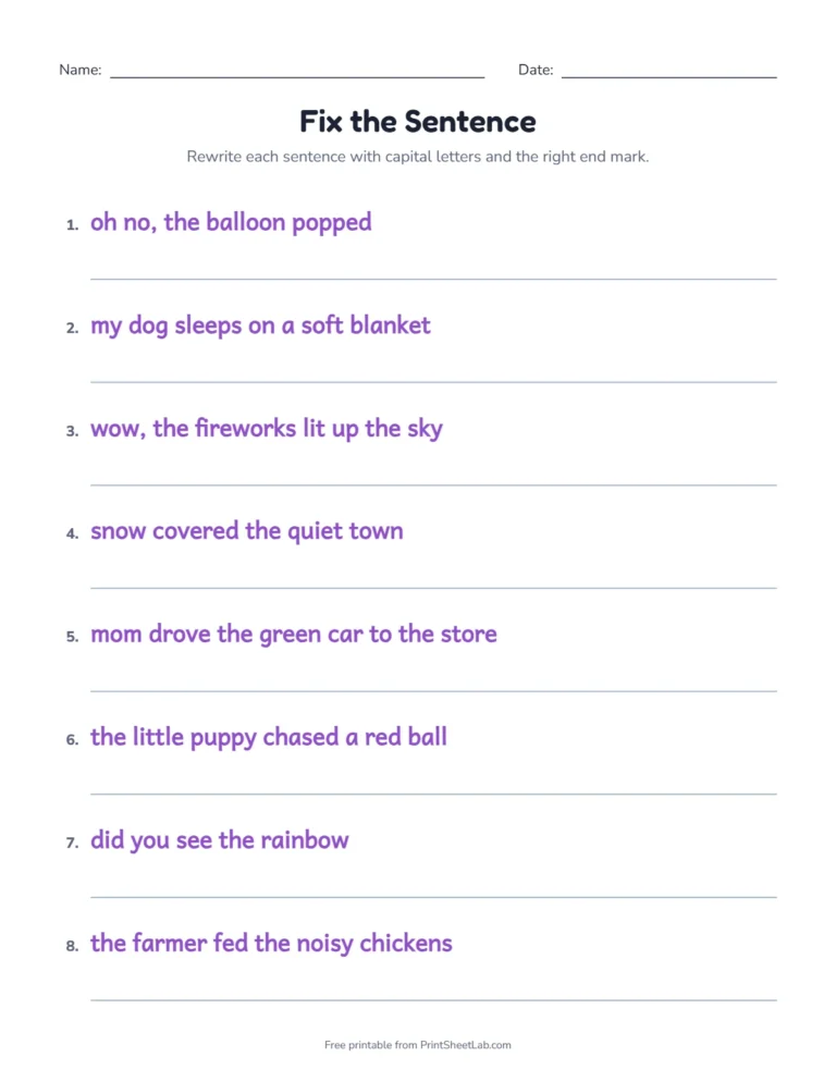 Capitalization and punctuation worksheets: rewrite each lowercase sentence with capitals and an end mark
