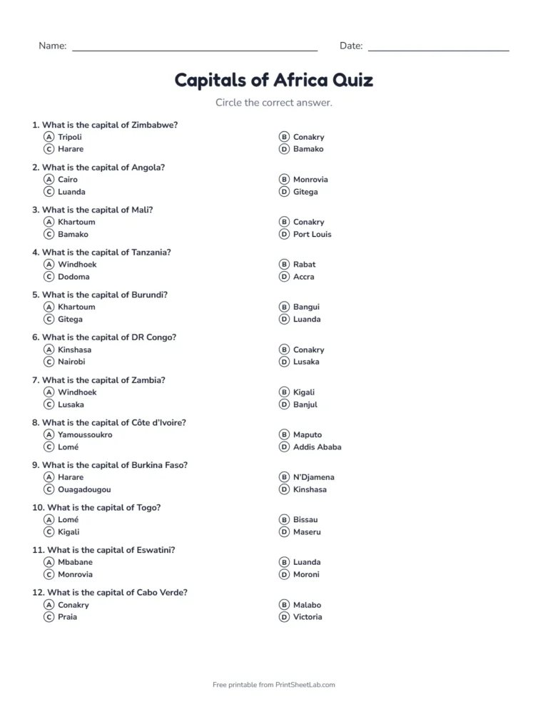 Capitals of Africa quiz sheet in black and white with 20 questions