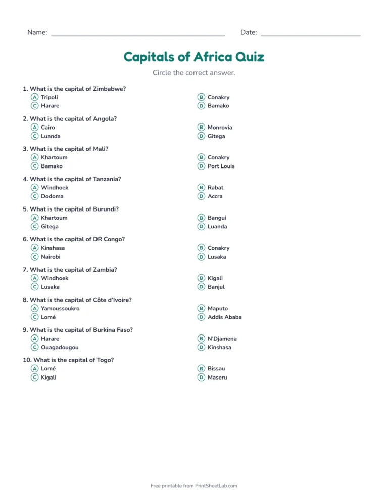 Capitals of Africa quiz: printable multiple-choice quiz sheet with 12 questions