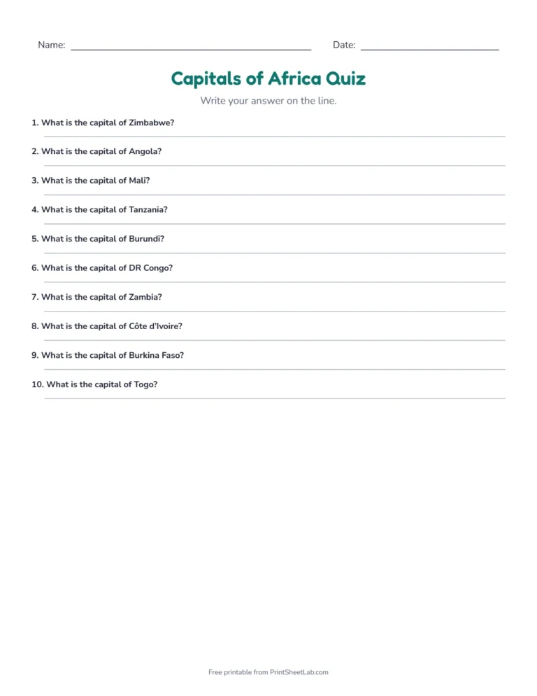 Capitals of Africa quiz write-in sheet with lines for the answers
