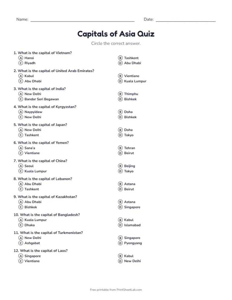 Capitals of Asia quiz sheet in black and white with 20 questions