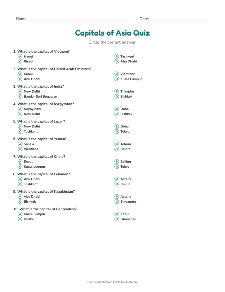 Capitals of Asia quiz: printable multiple-choice quiz sheet with 12 questions