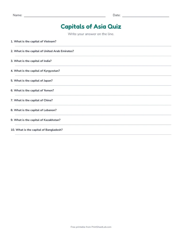 Capitals of Asia quiz write-in sheet with lines for the answers