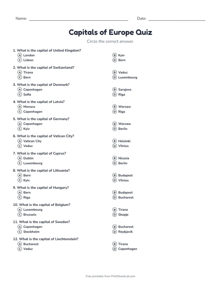 Capitals of Europe quiz sheet in black and white with 20 questions