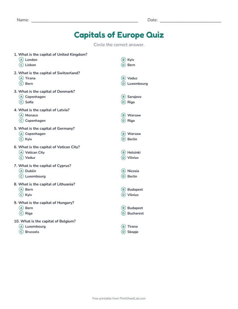 Capitals of Europe quiz: printable multiple-choice quiz sheet with 12 questions