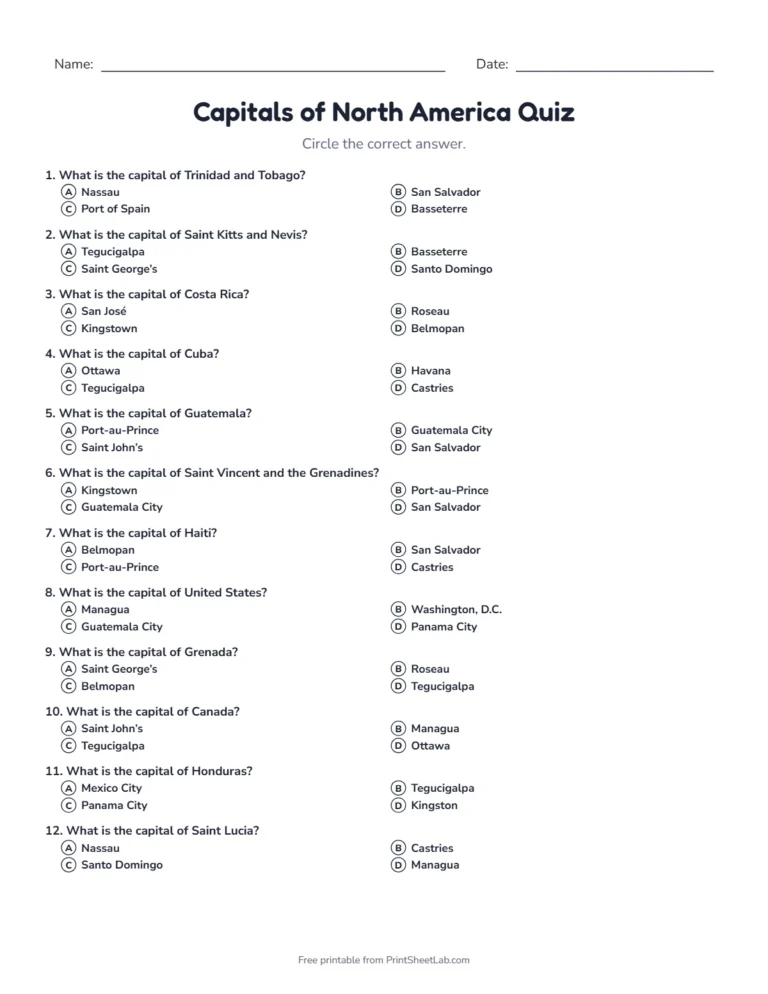Capitals of North America quiz sheet in black and white with 20 questions