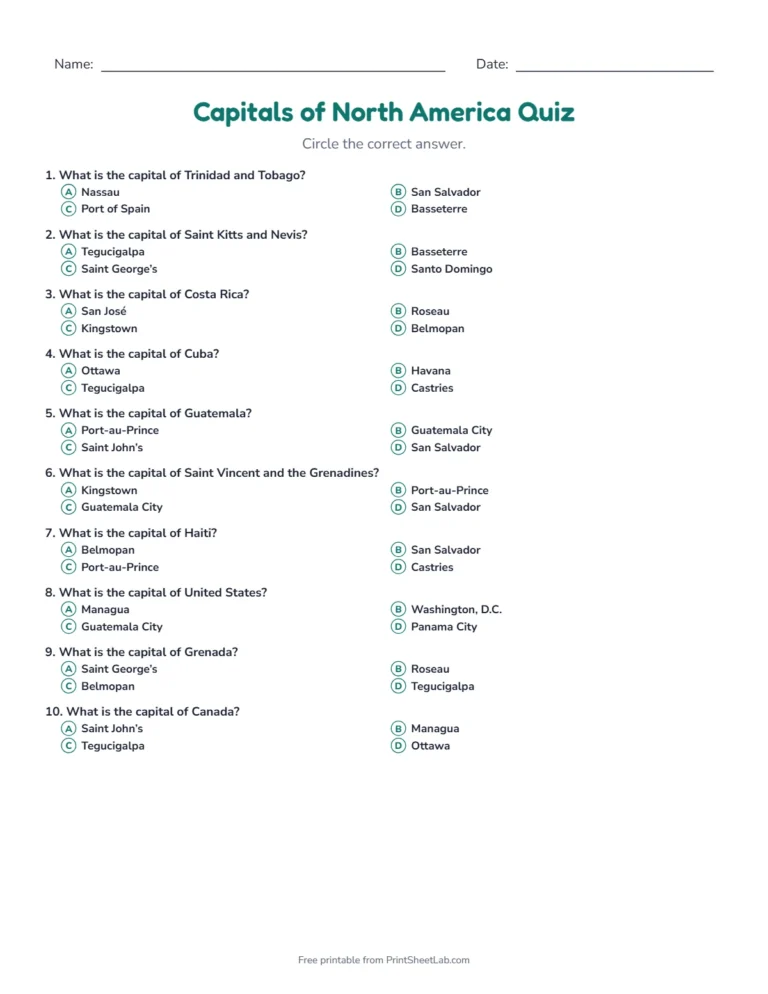Capitals of North America quiz: printable multiple-choice quiz sheet with 12 questions