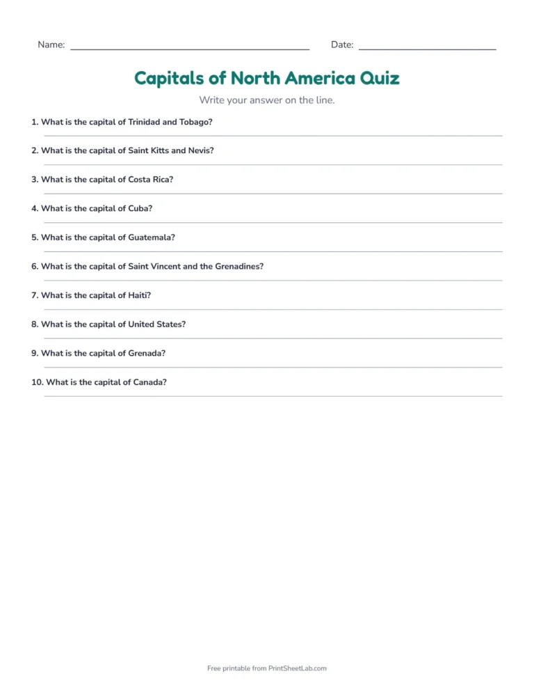 Capitals of North America quiz write-in sheet with lines for the answers