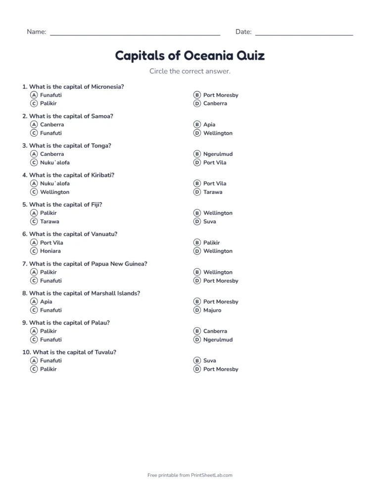 Capitals of Oceania quiz sheet in black and white with 13 questions