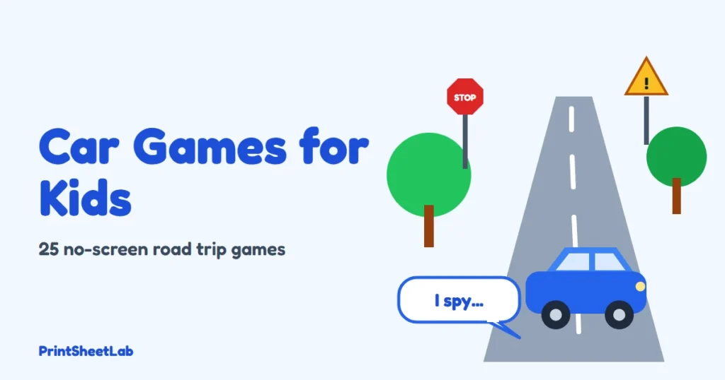 Car games for kids cover with a family car on a road, road signs and an I Spy speech bubble