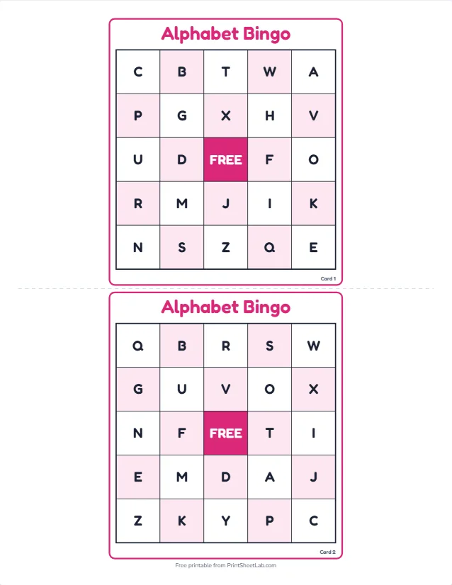 Alphabet bingo cards: two different printable 5x5 cards filled with uppercase letters and a free center square