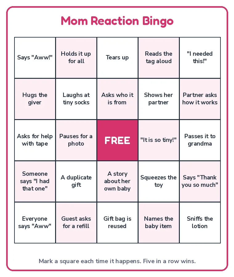 A sample mom reaction bingo card with 24 moments to watch for during the gift opening