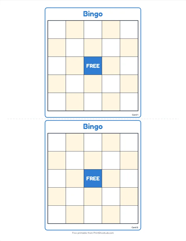 Two blank bingo card template cards, 5x5 grids with a free space, printed on one page